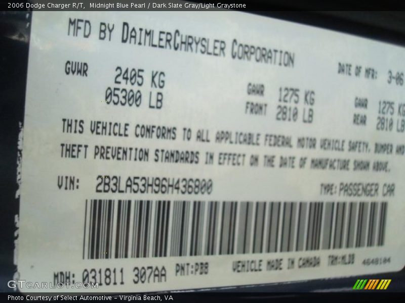 Midnight Blue Pearl / Dark Slate Gray/Light Graystone 2006 Dodge Charger R/T