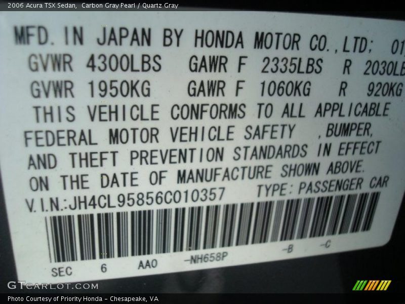 2006 TSX Sedan Carbon Gray Pearl Color Code NH658P
