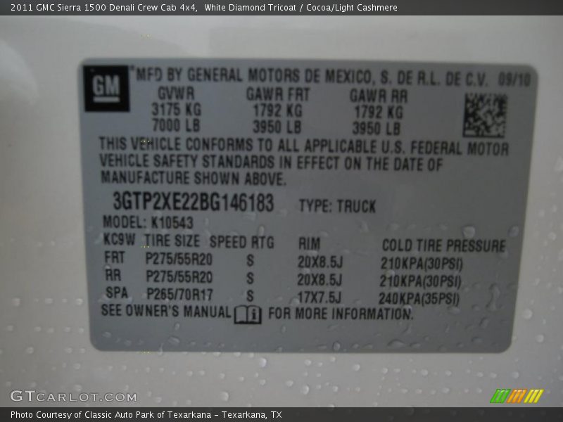 Info Tag of 2011 Sierra 1500 Denali Crew Cab 4x4