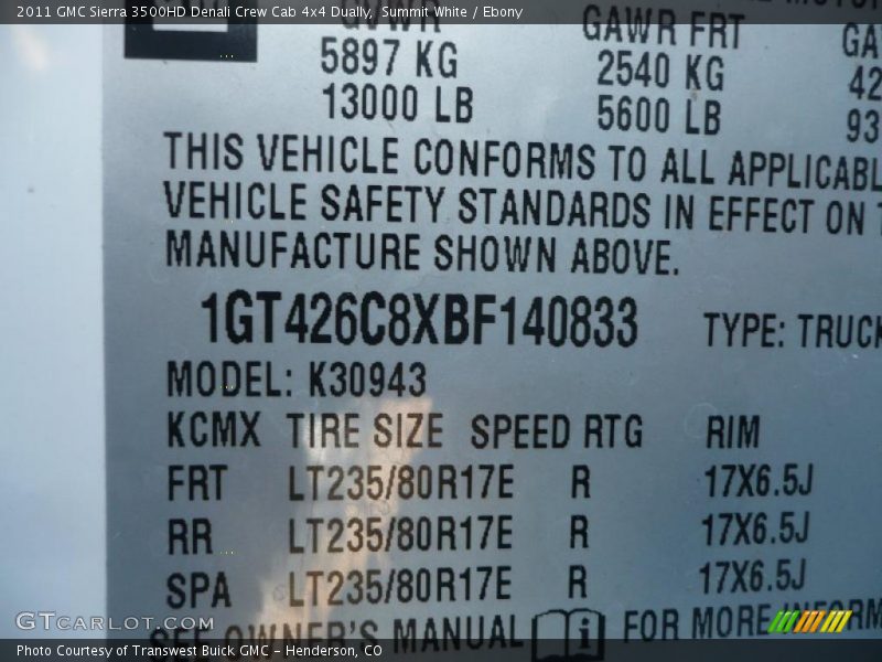 Summit White / Ebony 2011 GMC Sierra 3500HD Denali Crew Cab 4x4 Dually