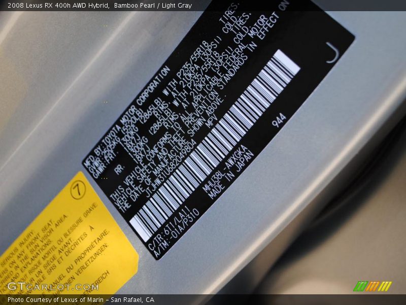 Info Tag of 2008 RX 400h AWD Hybrid