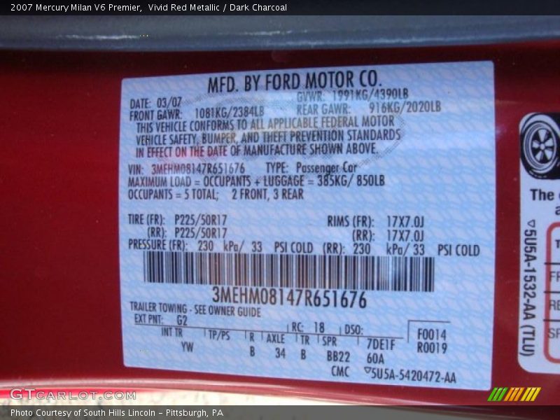 Vivid Red Metallic / Dark Charcoal 2007 Mercury Milan V6 Premier