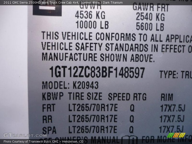 Info Tag of 2011 Sierra 2500HD Work Truck Crew Cab 4x4