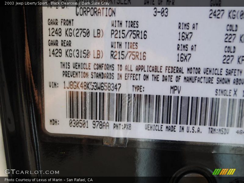 2003 Liberty Sport Black Clearcoat Color Code PX8