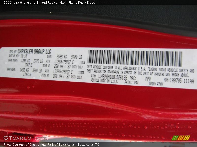 2011 Wrangler Unlimited Rubicon 4x4 Flame Red Color Code PR4