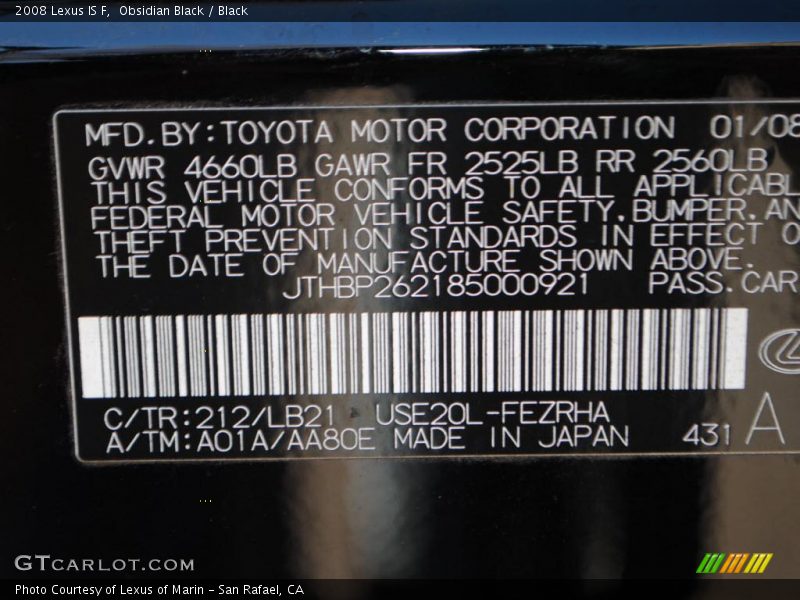 2008 IS F Obsidian Black Color Code 212