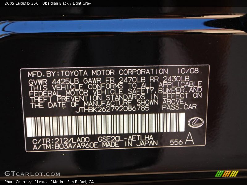 Obsidian Black / Light Gray 2009 Lexus IS 250