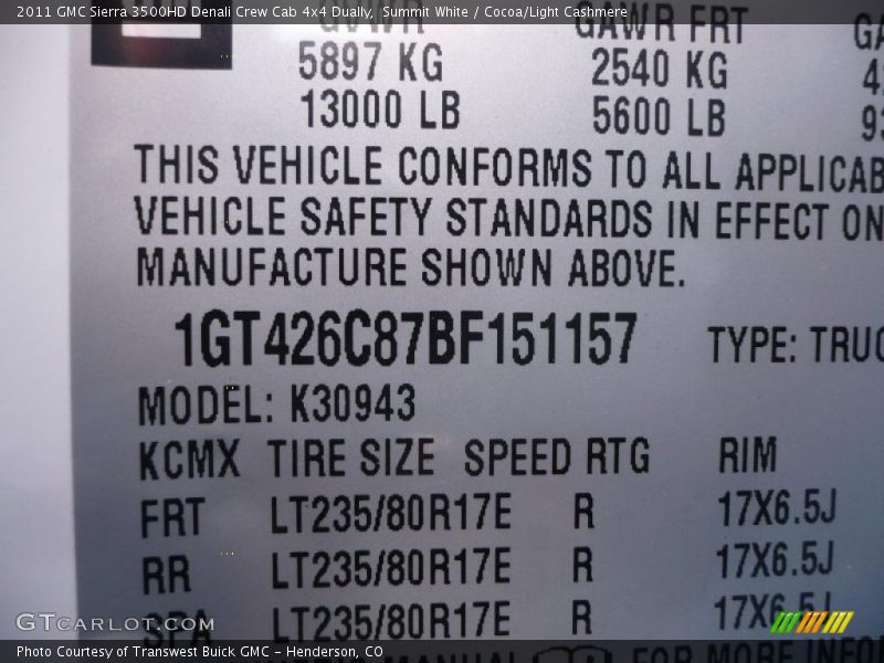 Info Tag of 2011 Sierra 3500HD Denali Crew Cab 4x4 Dually