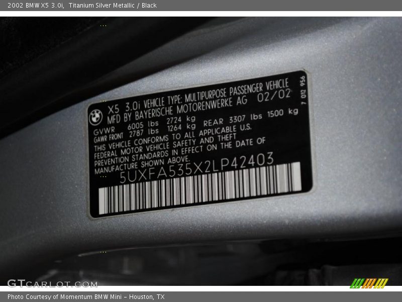 Titanium Silver Metallic / Black 2002 BMW X5 3.0i