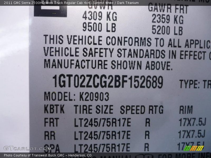 Info Tag of 2011 Sierra 2500HD Work Truck Regular Cab 4x4