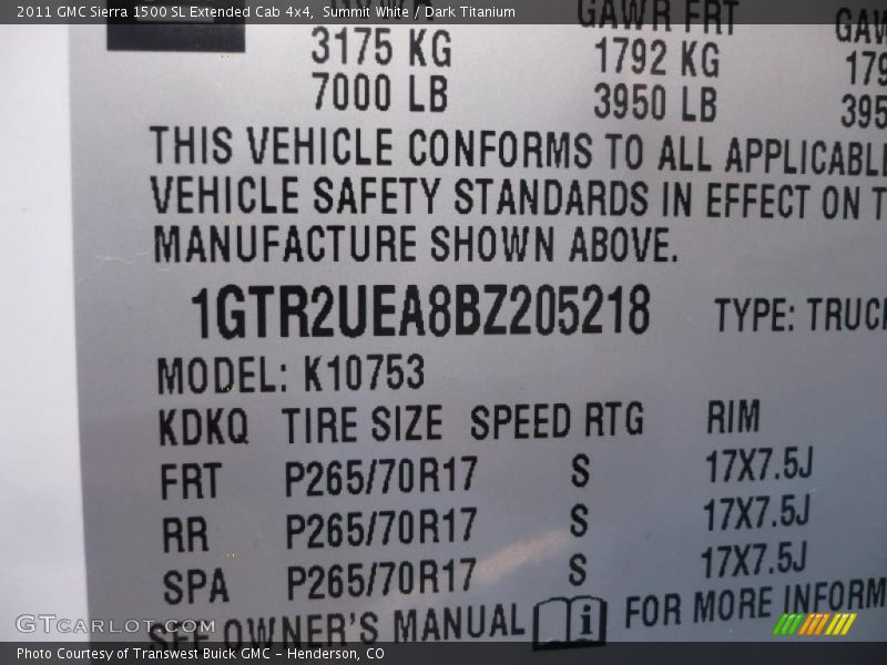 Info Tag of 2011 Sierra 1500 SL Extended Cab 4x4