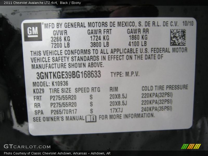 Info Tag of 2011 Avalanche LTZ 4x4