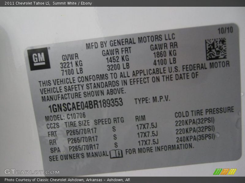 Info Tag of 2011 Tahoe LS