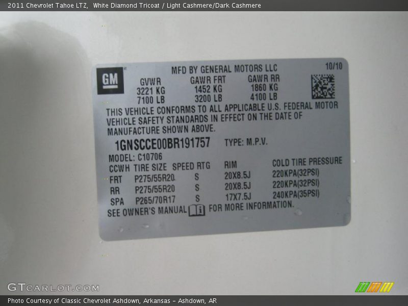 Info Tag of 2011 Tahoe LTZ