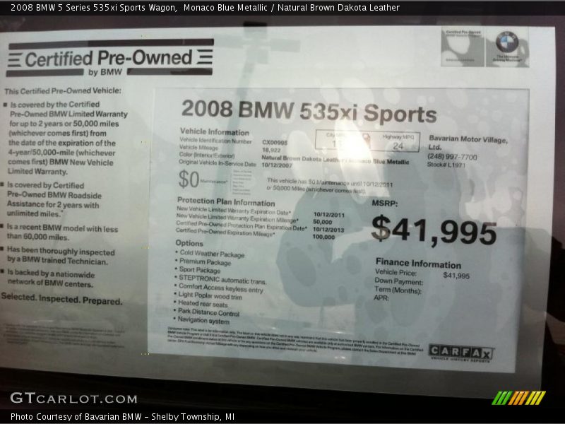 Monaco Blue Metallic / Natural Brown Dakota Leather 2008 BMW 5 Series 535xi Sports Wagon