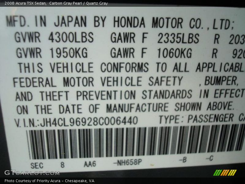 Carbon Gray Pearl / Quartz Gray 2008 Acura TSX Sedan