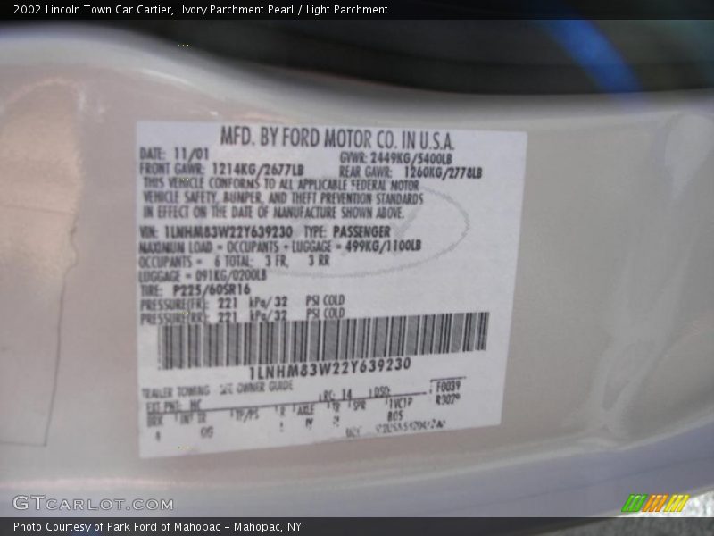 2002 Town Car Cartier Ivory Parchment Pearl Color Code HC