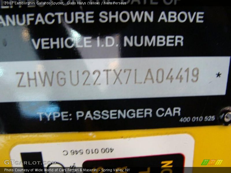 Info Tag of 2007 Gallardo Spyder