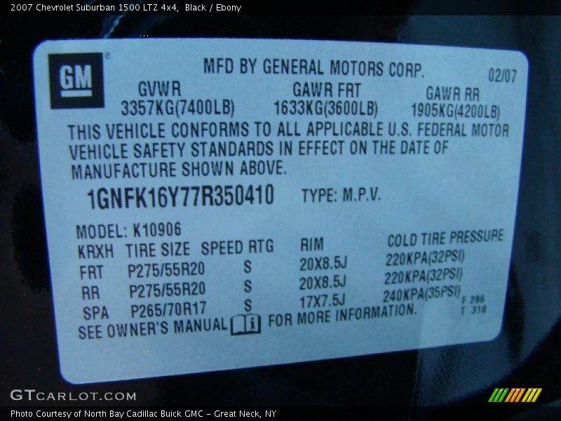 Info Tag of 2007 Suburban 1500 LTZ 4x4