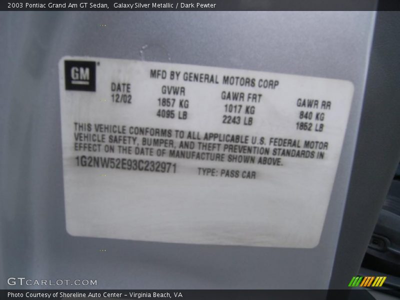 Info Tag of 2003 Grand Am GT Sedan