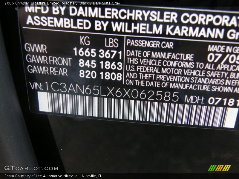 Info Tag of 2006 Crossfire Limited Roadster