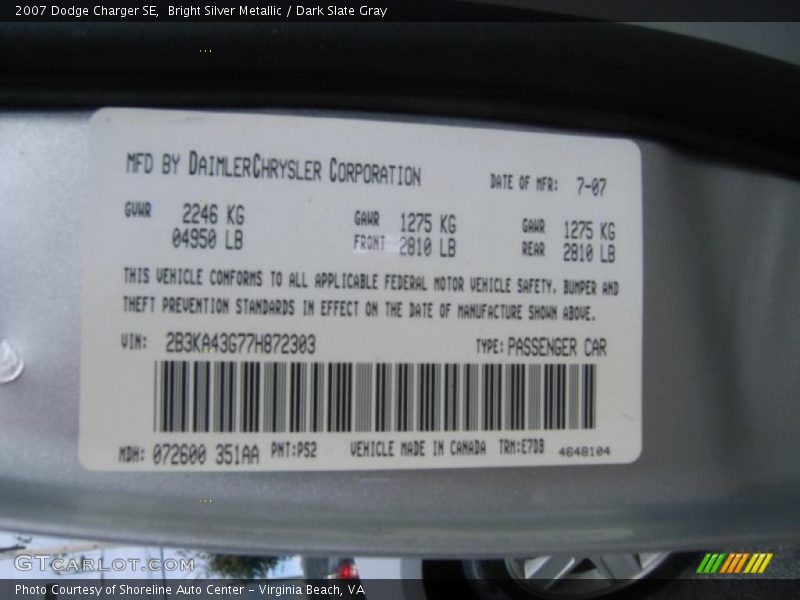 Bright Silver Metallic / Dark Slate Gray 2007 Dodge Charger SE
