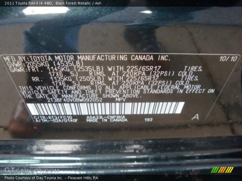2011 RAV4 I4 4WD Black Forest Metallic Color Code 6T3