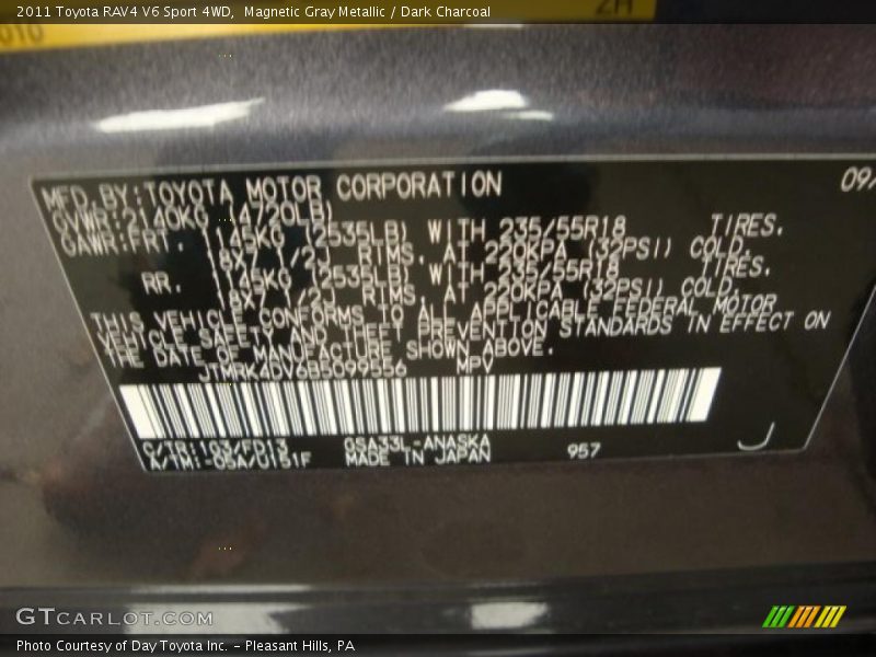 2011 RAV4 V6 Sport 4WD Magnetic Gray Metallic Color Code 1G3