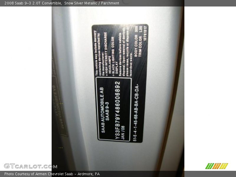 Info Tag of 2008 9-3 2.0T Convertible