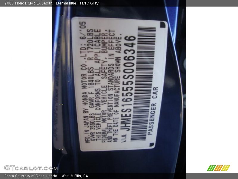 Info Tag of 2005 Civic LX Sedan