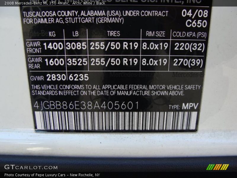 Arctic White / Black 2008 Mercedes-Benz ML 350 4Matic