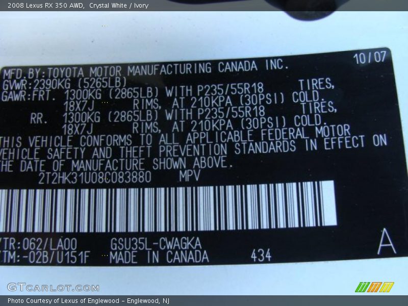 Crystal White / Ivory 2008 Lexus RX 350 AWD