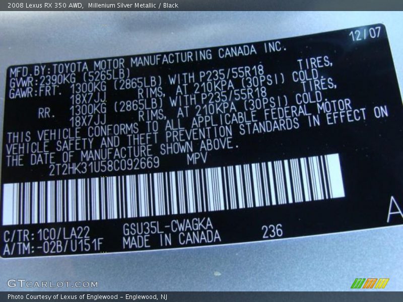 Millenium Silver Metallic / Black 2008 Lexus RX 350 AWD