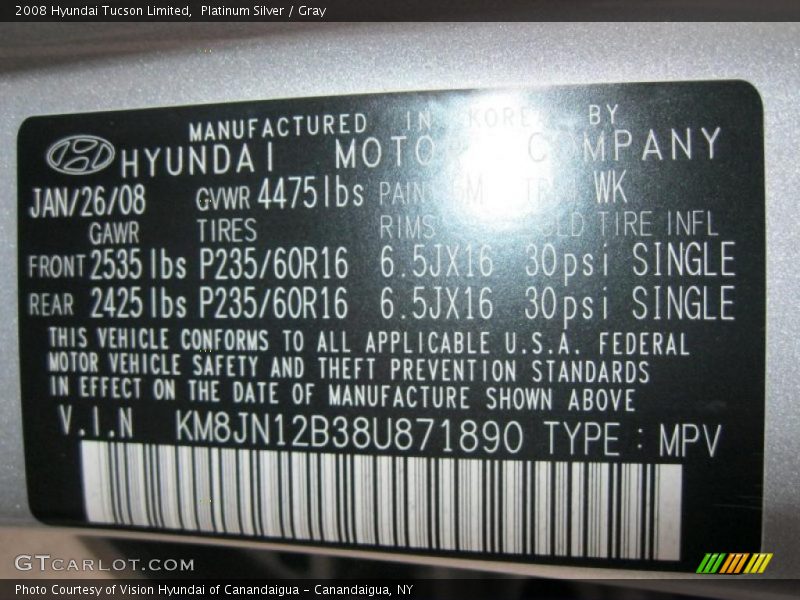Platinum Silver / Gray 2008 Hyundai Tucson Limited