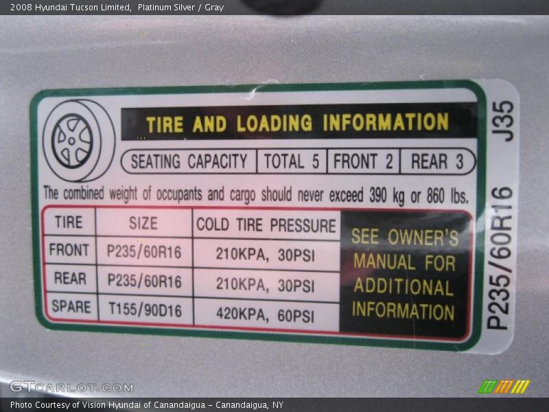 Info Tag of 2008 Tucson Limited