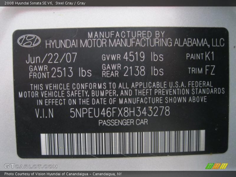 Steel Gray / Gray 2008 Hyundai Sonata SE V6