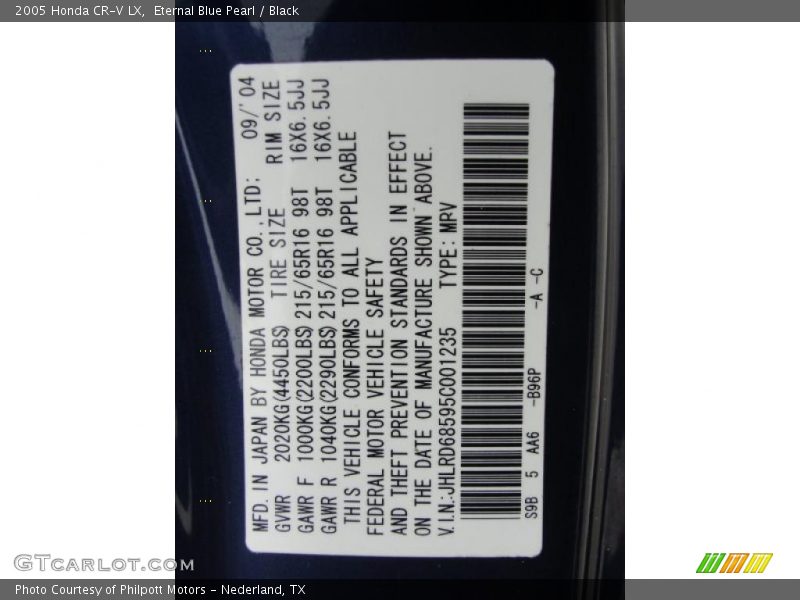 2005 CR-V LX Eternal Blue Pearl Color Code B96P