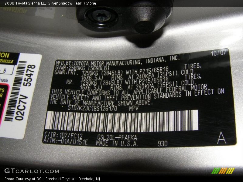 Silver Shadow Pearl / Stone 2008 Toyota Sienna LE