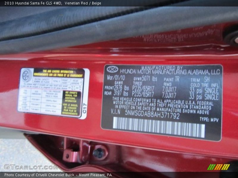 Venetian Red / Beige 2010 Hyundai Santa Fe GLS 4WD