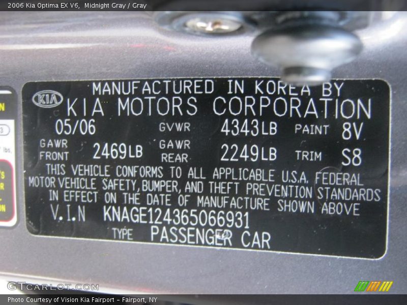 2006 Optima EX V6 Midnight Gray Color Code 8V