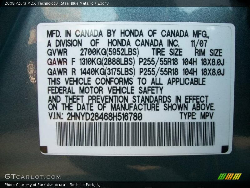 Steel Blue Metallic / Ebony 2008 Acura MDX Technology