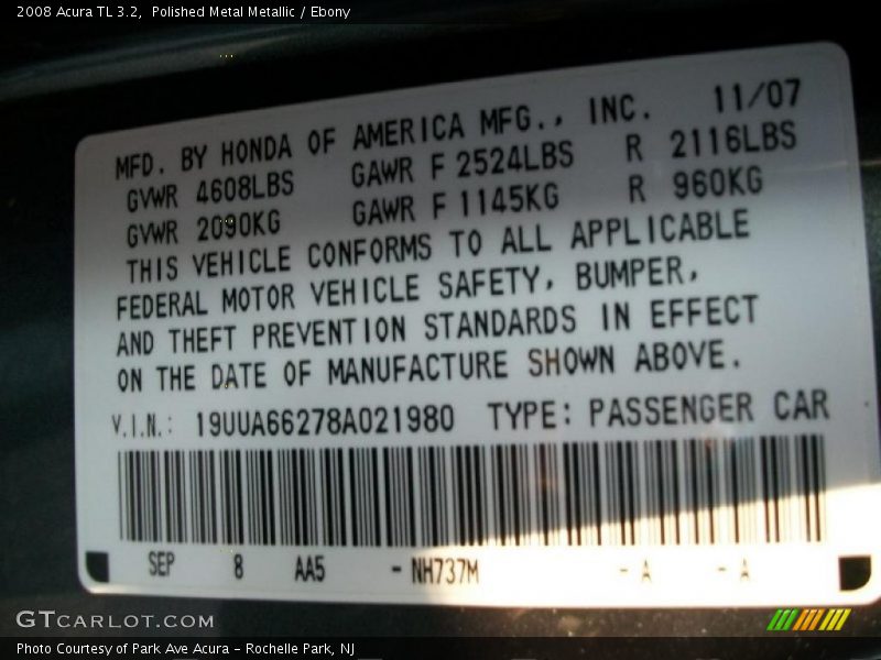 Polished Metal Metallic / Ebony 2008 Acura TL 3.2