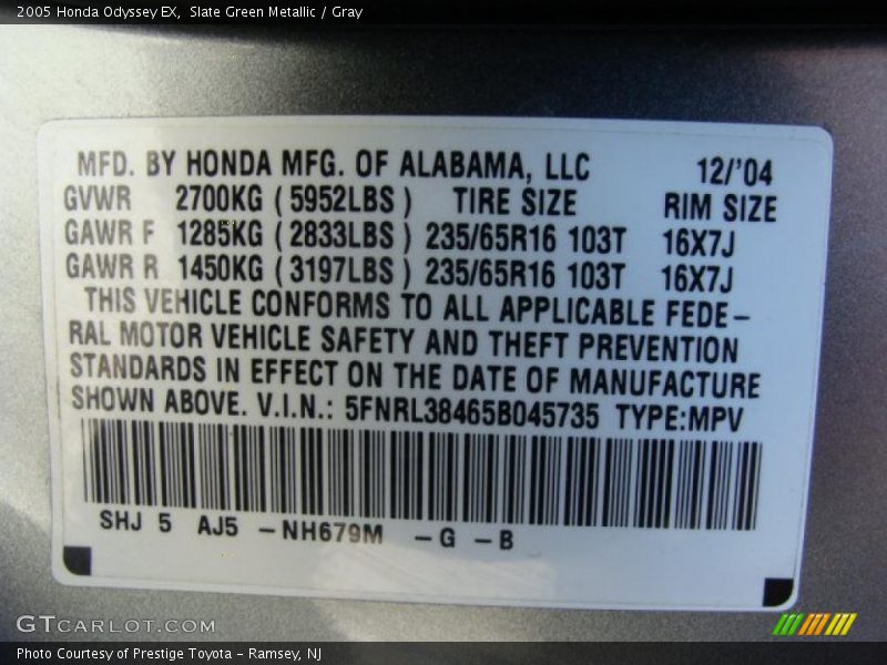Slate Green Metallic / Gray 2005 Honda Odyssey EX