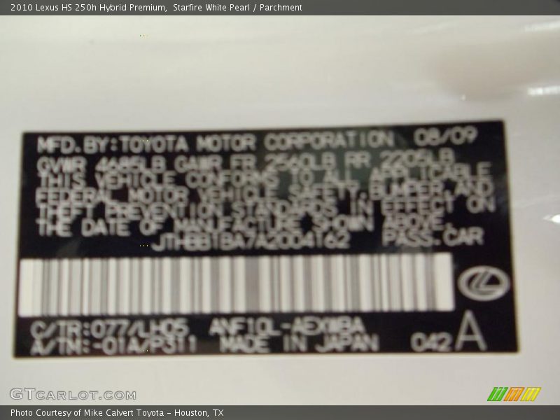 2010 HS 250h Hybrid Premium Starfire White Pearl Color Code 077