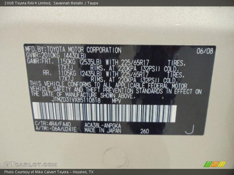 2008 RAV4 Limited Savannah Metallic Color Code 4R4