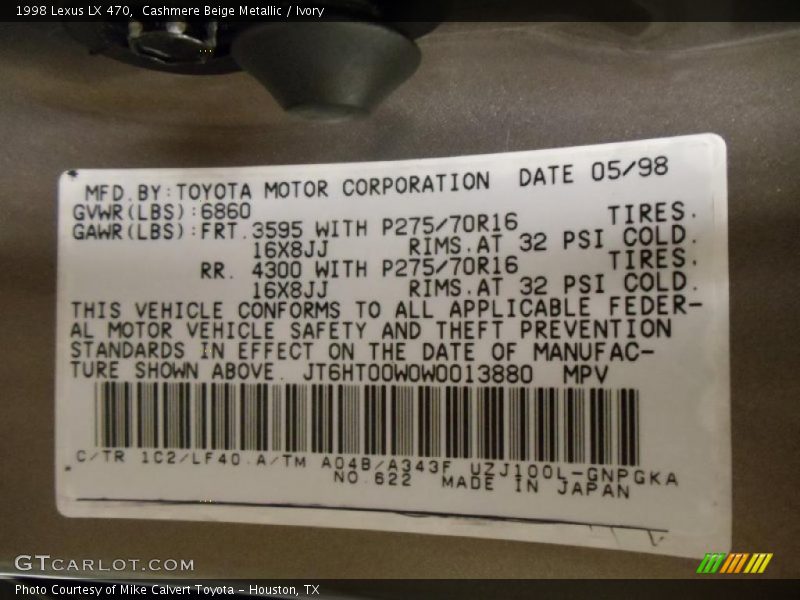 1998 LX 470 Cashmere Beige Metallic Color Code 1C2
