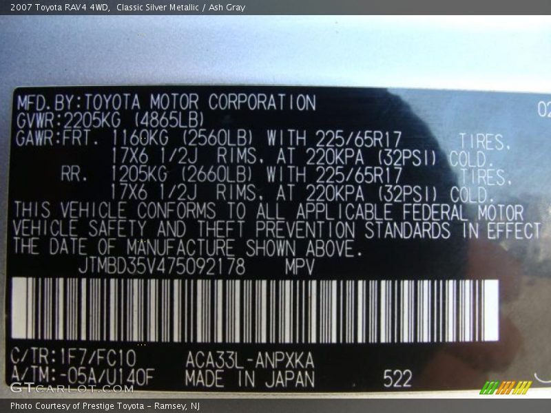 2007 RAV4 4WD Classic Silver Metallic Color Code 1F7