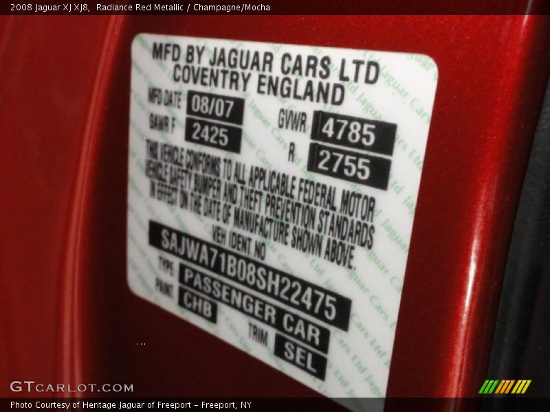 2008 XJ XJ8 Radiance Red Metallic Color Code CHB