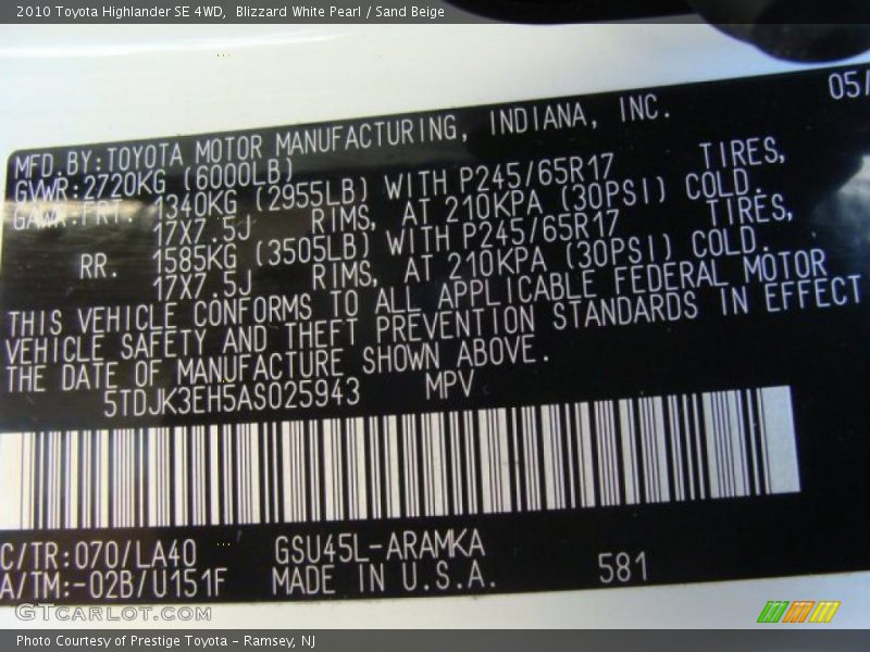 2010 Highlander SE 4WD Blizzard White Pearl Color Code 070