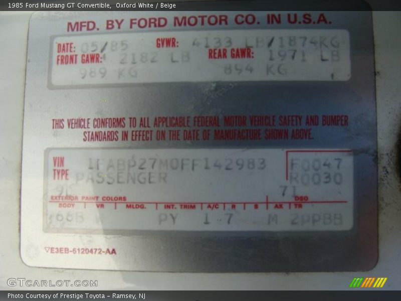 1985 Mustang GT Convertible Oxford White Color Code 9L